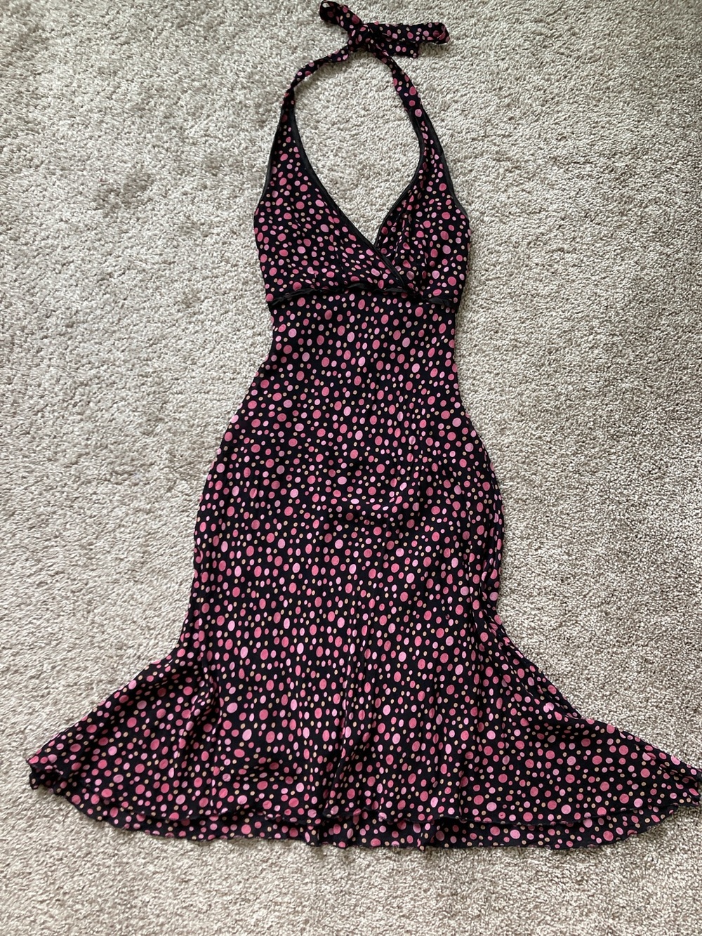 Vintage 90s Y2k Rouge Babydoll Bias cut halter Polka dot Flowy Rayon Dress M
